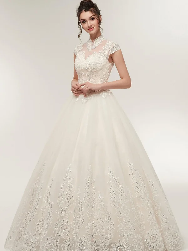 Ball Gown DressHigh Neck Light Champagne Appliques Elegant Lace Tulle Wedding Dresses AS50639 Ball Gown DressHigh Neck Light Champagne Appliques Elegant Lace Tulle Wedding Dresses AS50639