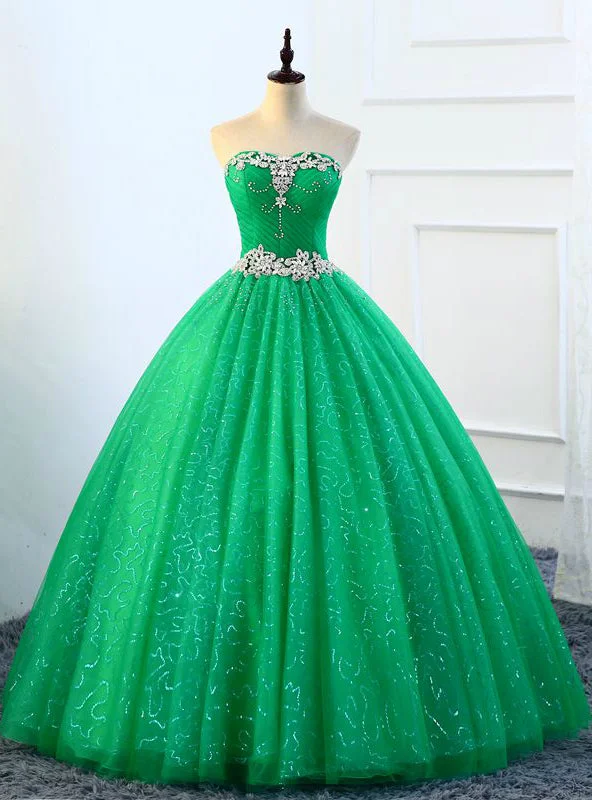 Laced-Up DressBall Gown Green Tulle Sweetheart Crystal Quinceanera Dresses