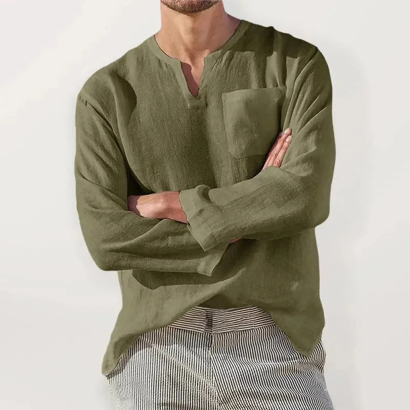 Men's Bold-Color Shirts for a Statement PieceV-Neck Linen Shirt for Men