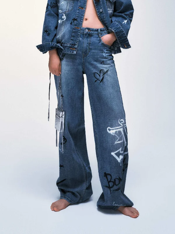 Sustainable Eco-Friendly Men's JeansGraffiti Detail Straight Jeans