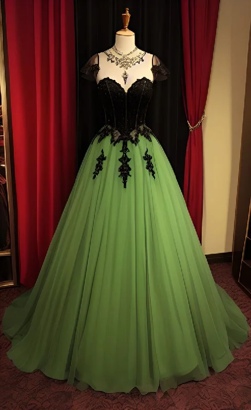 Crepe DressA Line Green and Black Lace Applique Tulle Evening Dresses    cg25346