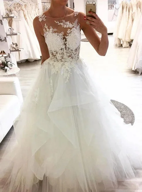 Solid Color DressRound Neckline Tulle Sleeveless Wedding Dresses With Lace Appliques OW617 Solid Color DressRound Neckline Tulle Sleeveless Wedding Dresses With Lace Appliques OW617
