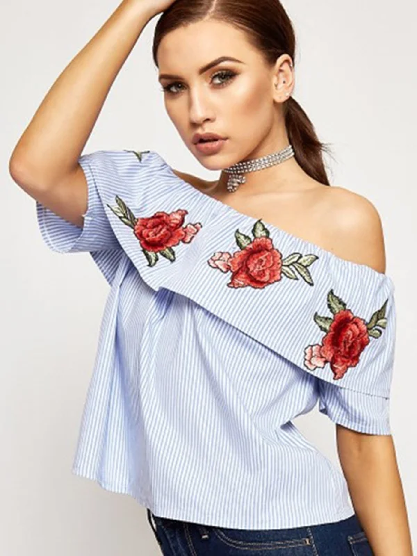 Men's Sweaters with BeadsKittenAlarm - Off shoulder embroidered rose STRIPE T-shirt