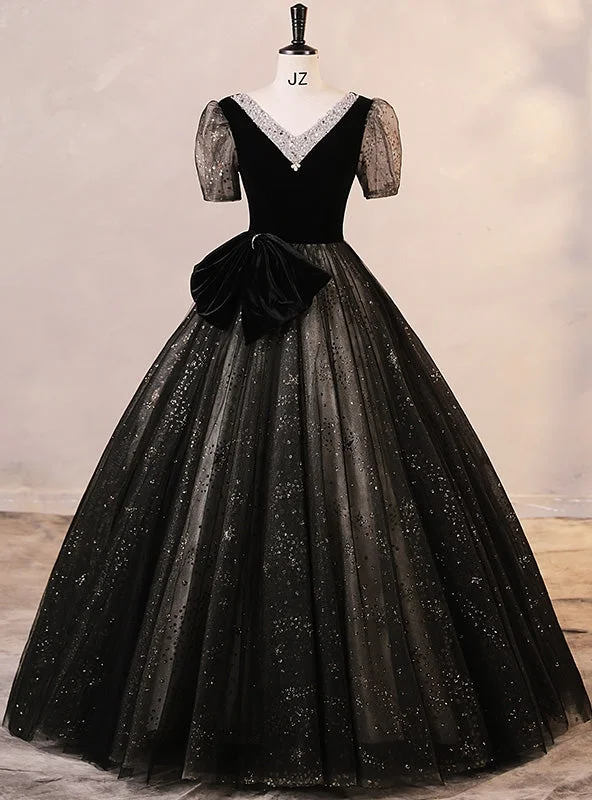 women's bodycon dressesBlack Tulle Sequins V-neck Short Sleeve Quinceanera Dress