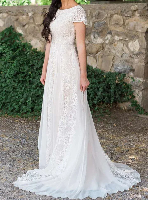 Prom DressModest Court Train Cap Sleeves Chiffon Wedding Dresses
