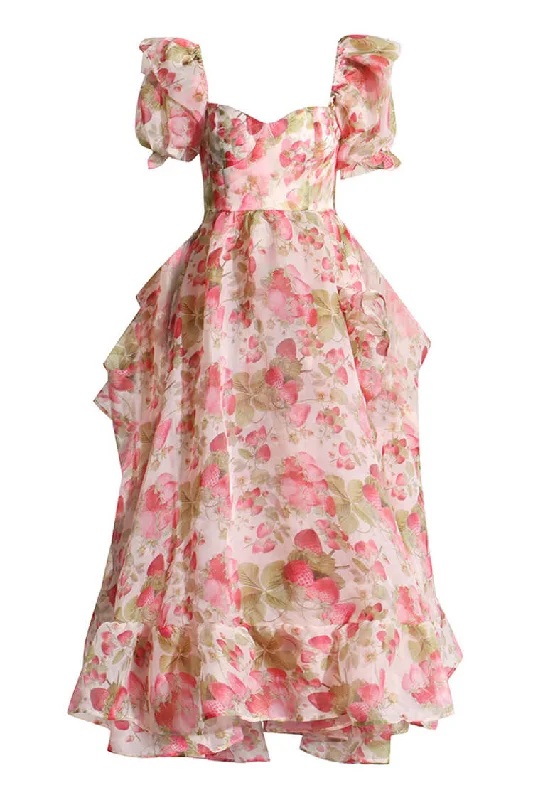 women's retro dressesSweet Strawberry Bustier Puff Sleeve Tiered Ruffle Train Organza Gown Dress women's retro dressesSweet Strawberry Bustier Puff Sleeve Tiered Ruffle Train Organza Gown Dress