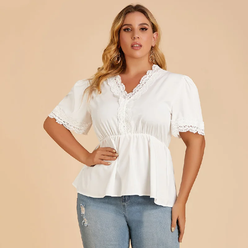 Men's Sweaters with Straight-Cut ShapesKittenAlarm - Plus size women's T-shirt lace stitching V-neck blouse with short sleeves Men's Sweaters with Straight-Cut ShapesKittenAlarm - Plus size women's T-shirt lace stitching V-neck blouse with short sleeves