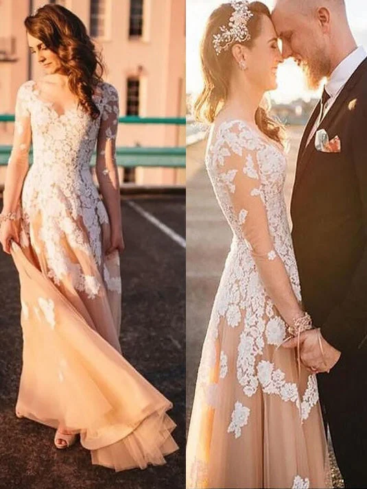 Nursing DressA-Line/Princess Lace Long Sleeves V-neck Tulle Wedding Dress OW206