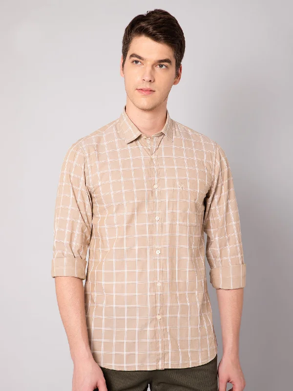 Men's Dressy Button-Down Shirts for Formal OccasionsMen's Beige Casual Medium Checks Full Sleeve Shirt Men's Dressy Button-Down Shirts for Formal OccasionsMen's Beige Casual Medium Checks Full Sleeve Shirt