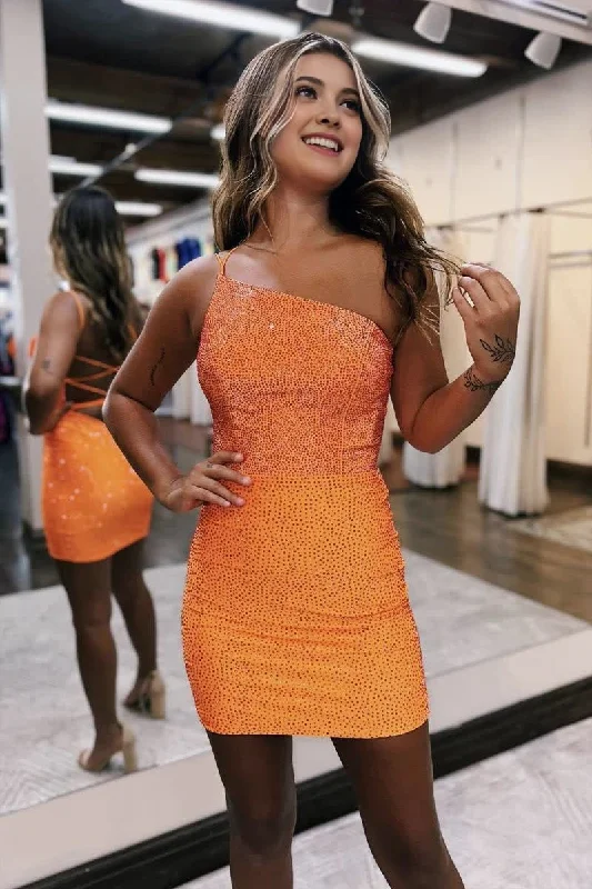 women's cocktail dressesSheath One Shoulder Lace Up Tight Beaded Homecoming Dress