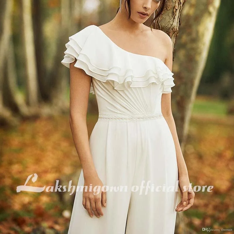 women's maximalist dressesBohemian Wedding Jumpsuit One Shoulder Chiffon