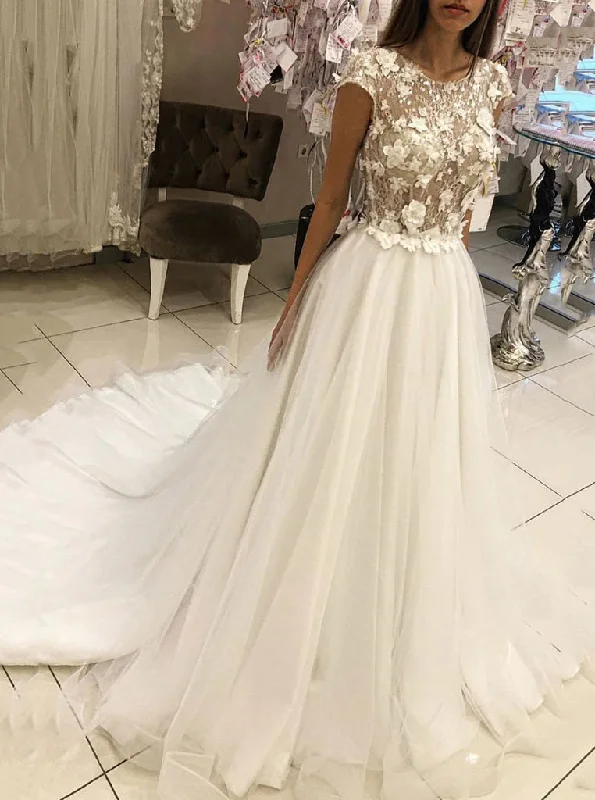 women's versatile dressesRound Neck Tulle Lace Appliques Long Wedding Dresses With Cap Sleeves OW676 women's versatile dressesRound Neck Tulle Lace Appliques Long Wedding Dresses With Cap Sleeves OW676