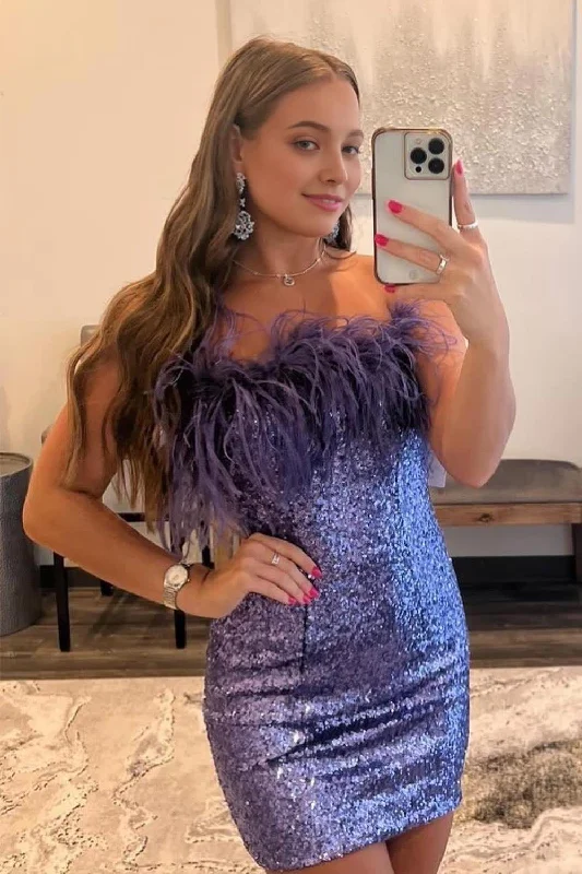Wrap DressPurple Sparkly Tight Sequins Homecoming Dress with Feathers