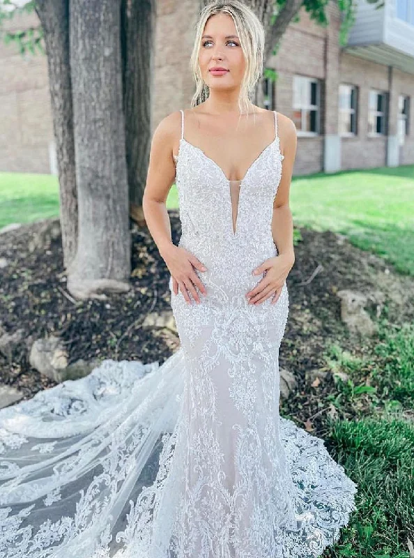 women's ruffle dressesMermaid Spaghetti Straps Long Lace Wedding Dress