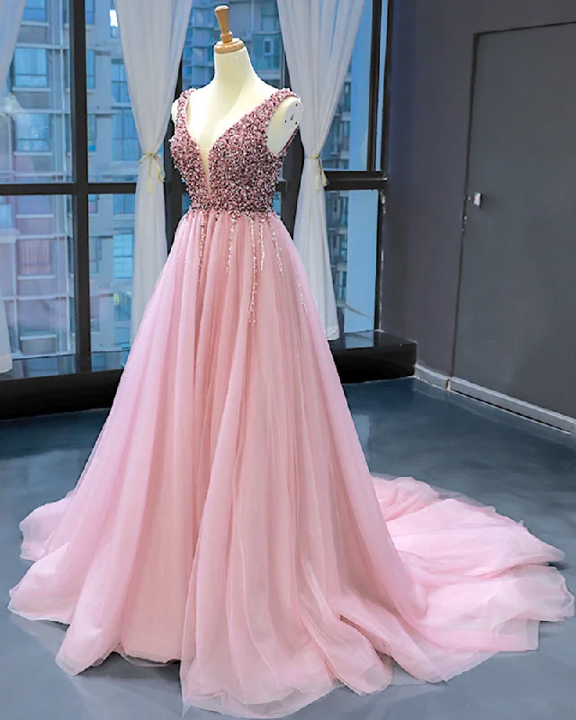 Silk DressPink Beading V Neck Tulle Women Evening Long Dress Party Wedding Party Gown PL0608 Silk DressPink Beading V Neck Tulle Women Evening Long Dress Party Wedding Party Gown PL0608