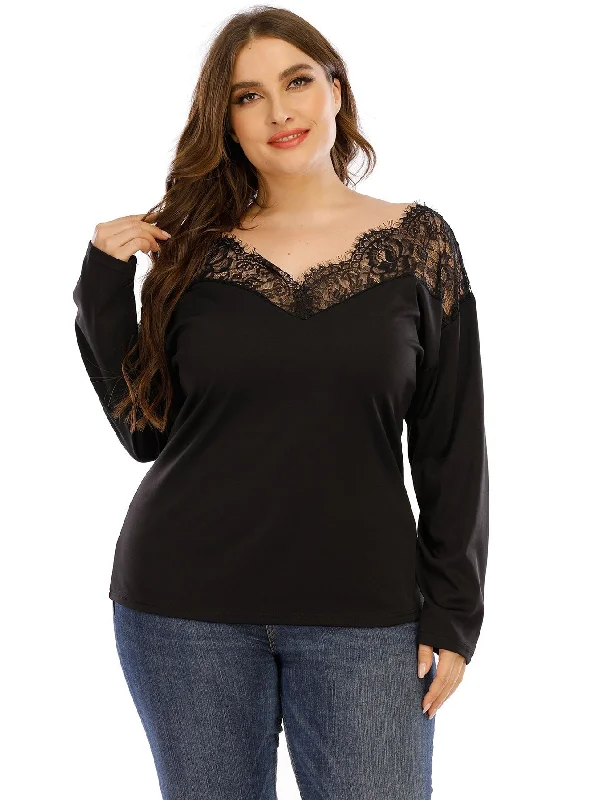 Men's Sweaters with Embroidered DesignsKittenAlarm - Plus Sweetheart Neck Contrast Guipure Lace Tee
