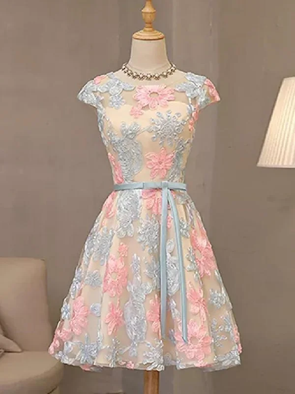 Custom DressCap Sleeves Colorful Lace Homecoming Dresses, Short Colorful Lace Formal Evening Dresses cg23715 Custom DressCap Sleeves Colorful Lace Homecoming Dresses, Short Colorful Lace Formal Evening Dresses cg23715