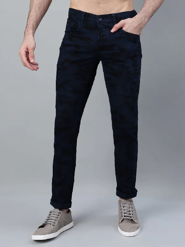Layered Men's OverallsMen's Navy Blue Printed Non-Pleated Casual Trouser