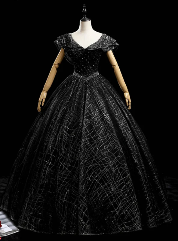 women's cinched-waist dressesBlack Tulle Sequins V-Neck Beading Quinceanera Dress