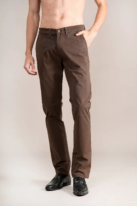 Men's Zippered Pants for SecurityMen's Brown Solid Non-Pleated Casual Trouser