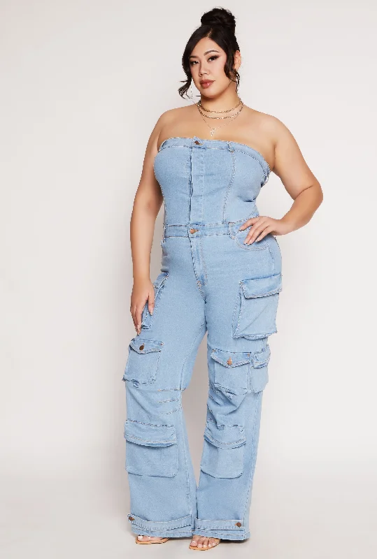 Mid-Waisted Men's JeansPlus Size Daisy Denim Strapless Utility Jumpsuit