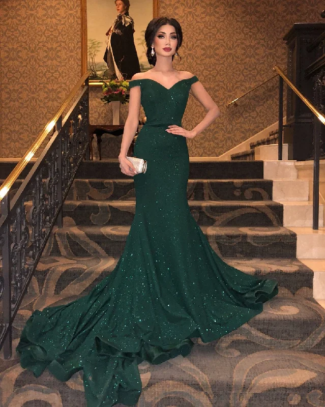 Prom DressDark Green Mermaid Off the Shoulder Long Evening Dres   cg16429