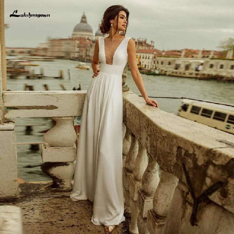 Ball Gown DressLakshmigown Ivory Satin Wedding Jumpsuit Bride Gowns V-Neck Backless A line Ball Gown DressLakshmigown Ivory Satin Wedding Jumpsuit Bride Gowns V-Neck Backless A line