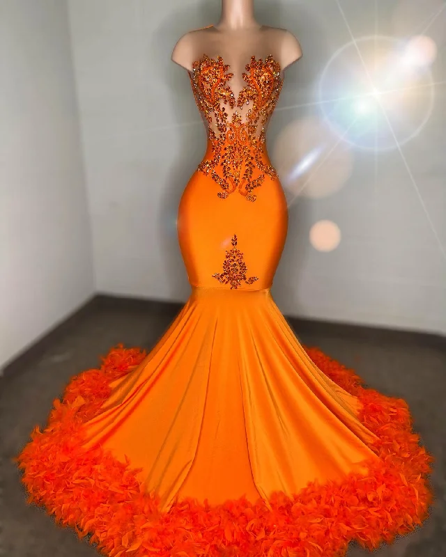 women's statement dressesRadiant Orange Embellished Mermaid Gown with Feather Details women's statement dressesRadiant Orange Embellished Mermaid Gown with Feather Details