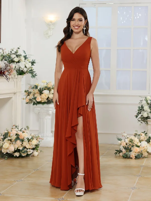 Peplum Hem DressA-Line/Princess V-Neck Long Wedding Party Dresses with Split Side