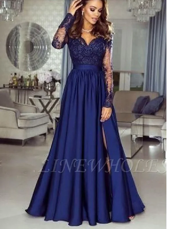 Solid Color DressLong Sleeves Blue Formal Evening Long Dress Wedding Guest Dress for Women PL01115 Solid Color DressLong Sleeves Blue Formal Evening Long Dress Wedding Guest Dress for Women PL01115