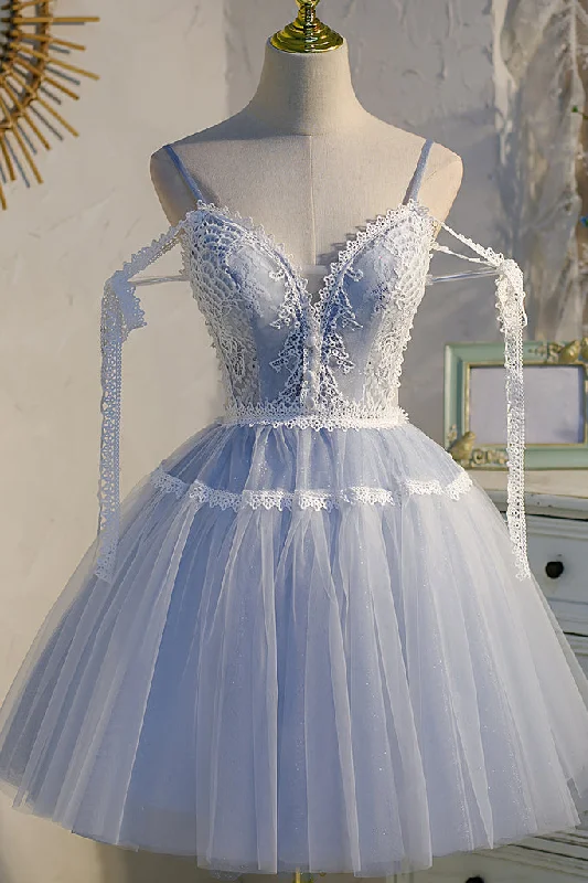 women's wrap dressesSky Blue A Line Tulle Lace V Neck Homecoming Dress
