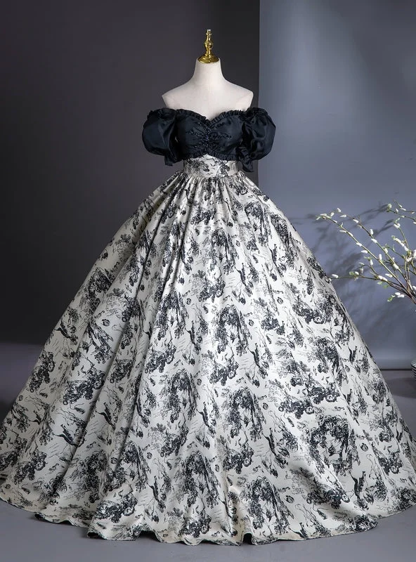 Cut-Out DressBlack Ball Gown Print Puff Sleeve Pleats Quinceanera Dress