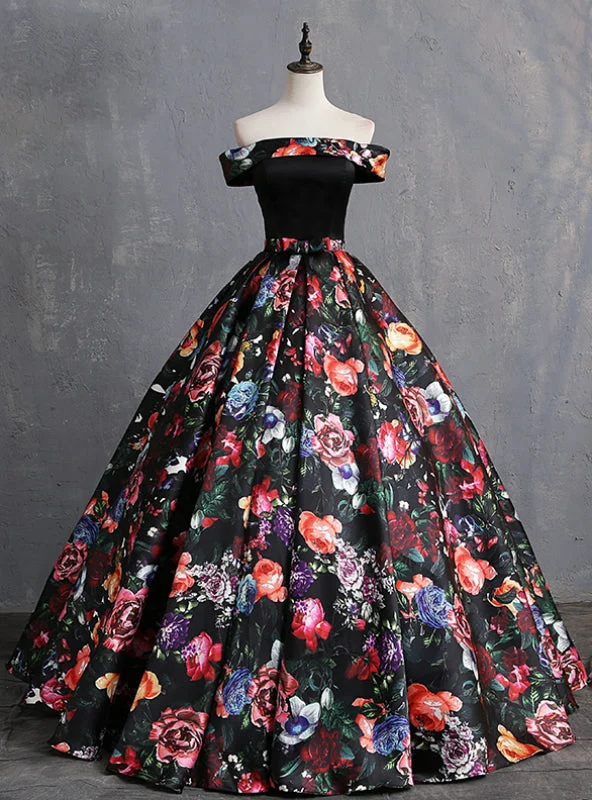 Flowy DressBlack Ball Gown Satin Print Off the Shoulder Quinceanera Dresses