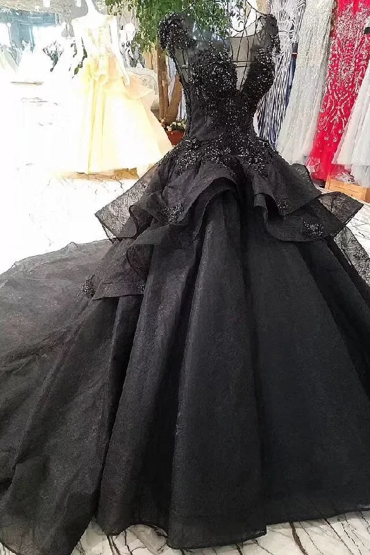 women's travel dressesStunning Cap Sleeves Ball Gown Black Long Quinceanera Dresses