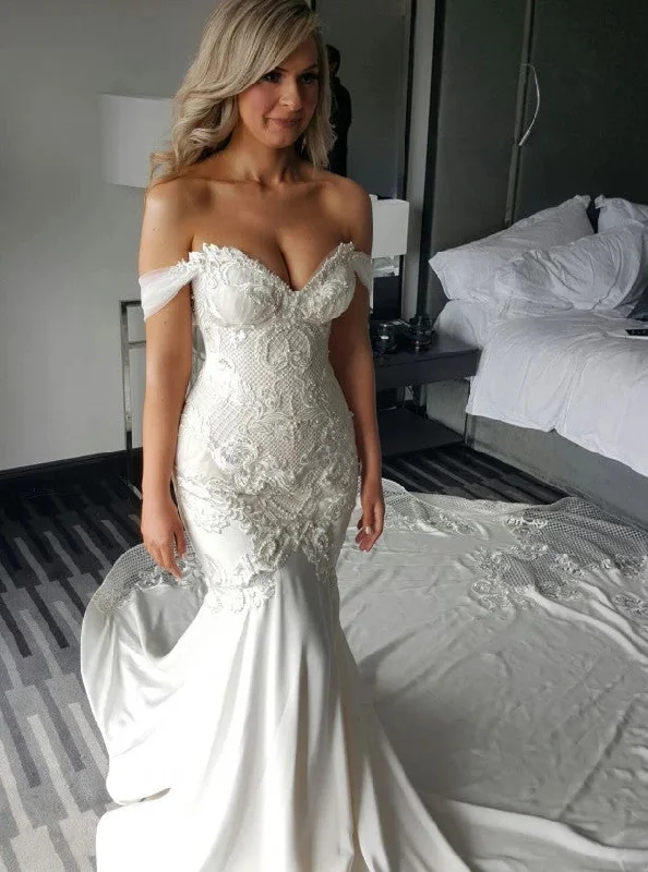 Silk DressMermaid Long Off Shoulder Backless Lace Appliques Wedding Dress with Pearls Silk DressMermaid Long Off Shoulder Backless Lace Appliques Wedding Dress with Pearls