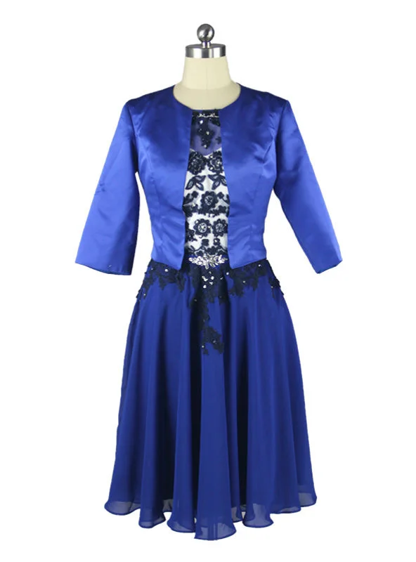 Sequined DressBeaded Lace Chiffon Knee Length Blue Mother Of The Bride Dresses