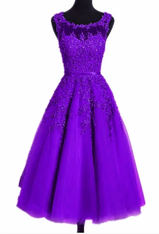 women's trendy dressesBeautiful Tea Length Purple Round Neckline Bridesmaid Dress, Lace Appplique Party Dress Homecoming dress cg10884 women's trendy dressesBeautiful Tea Length Purple Round Neckline Bridesmaid Dress, Lace Appplique Party Dress Homecoming dress cg10884