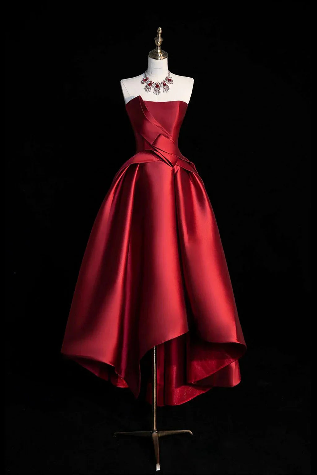 women's high-end dressesBurgundy Strapless Satin Party Dress, A-Line High Low Evening Dress women's high-end dressesBurgundy Strapless Satin Party Dress, A-Line High Low Evening Dress
