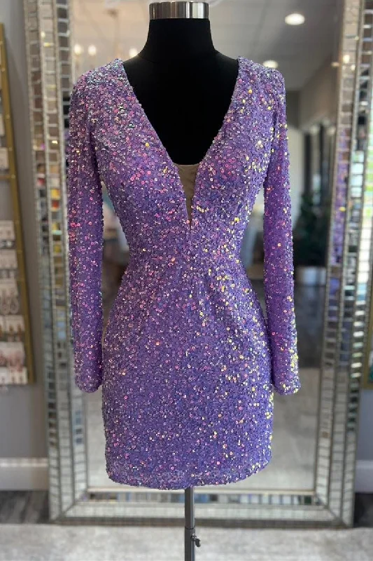 women's empire-line dressesPurple Sequin Lace-Up Short Party Dress with Long Sleeves women's empire-line dressesPurple Sequin Lace-Up Short Party Dress with Long Sleeves