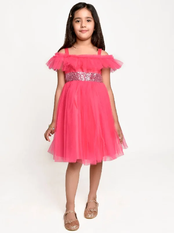 Short-Sleeve DressNeon Pink sequance  embelished Net Partywear Dress
