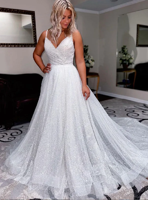 women's bridesmaid dressesWhite V Neck Tulle Sequin Long Prom Dress, Sparkly Tulle Wedding Dress women's bridesmaid dressesWhite V Neck Tulle Sequin Long Prom Dress, Sparkly Tulle Wedding Dress