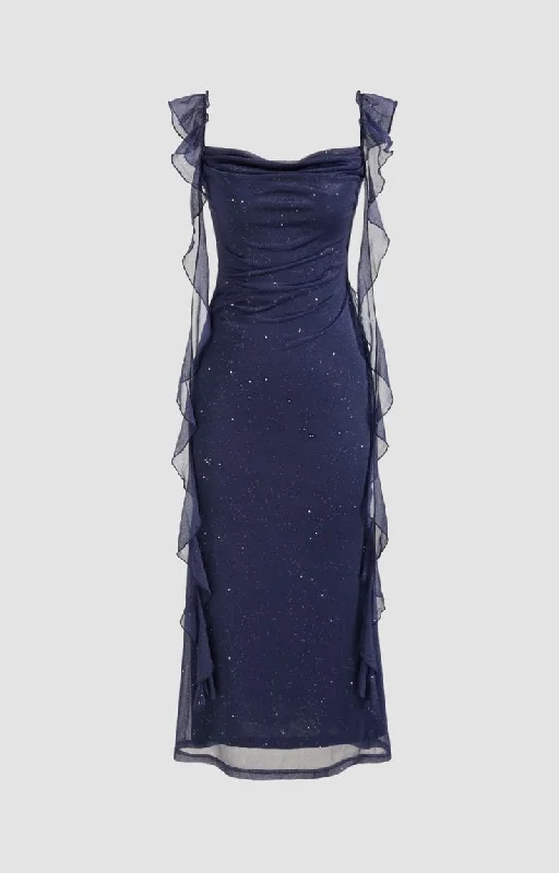 Ruffle DressCowl Neck Sequin Ruffle Maxi Dress Navy Blue Evening Dress      cg25206