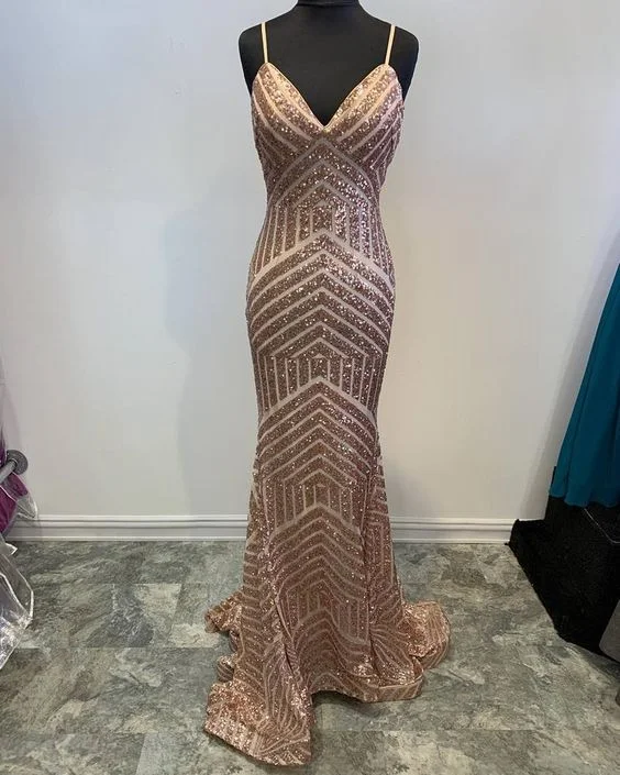 women's mini dressesStraps Mermaid Rose Gold Sequined Evening Dress      cg22780