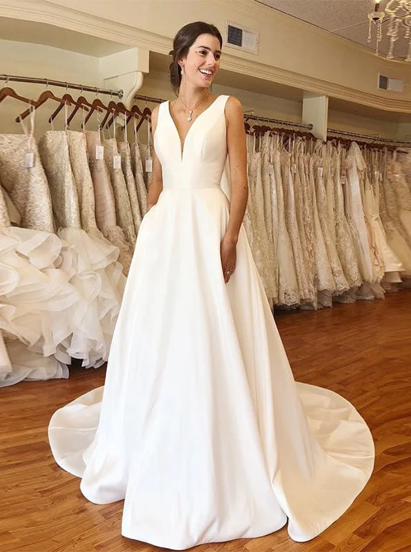 Peplum DressSimple Wedding Dresses A-line V neck Ivory Satin Bridal Gown OW649