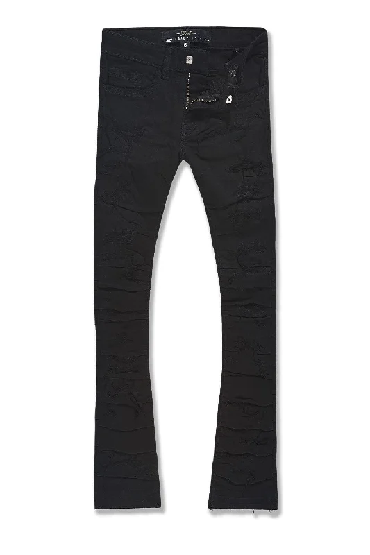 High-Quality Ripped Men's JeansKids Stacked Ripple Effect Denim (Jet Black)