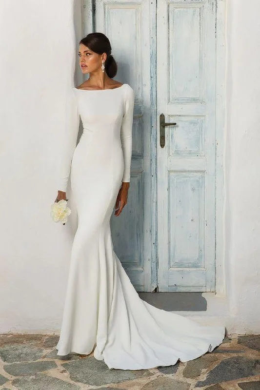 Off-The-Shoulder DressRoycebridal Elegant White Stain Mermaid Wedding Dresses Long Sleeves Bridal Gown 2025