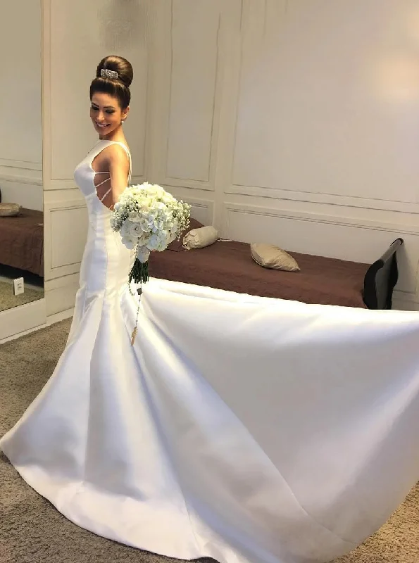 women's eco-friendly dressesRound Neck Backless Simple Satin Mermaid Wedding Dresses OW696 women's eco-friendly dressesRound Neck Backless Simple Satin Mermaid Wedding Dresses OW696