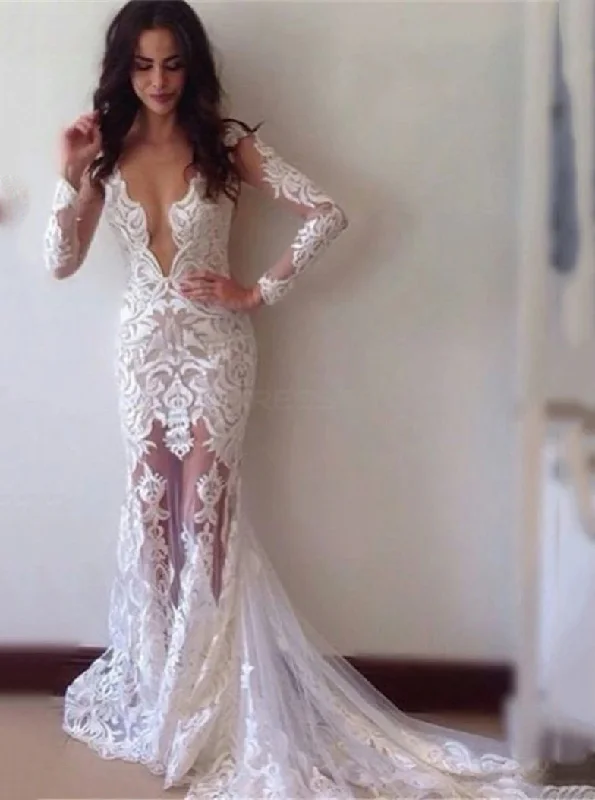 women's statement dressesSexy V Neck Lace Appliques Wedding Dresses Long Sleeve Mermaid Gown OW686 women's statement dressesSexy V Neck Lace Appliques Wedding Dresses Long Sleeve Mermaid Gown OW686