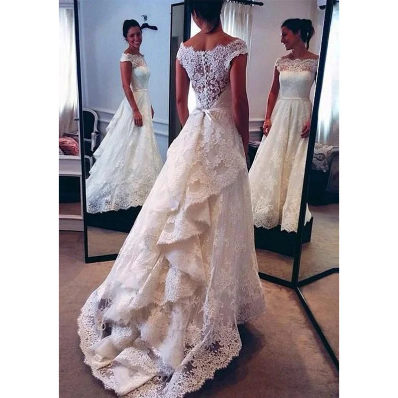 women's club dressesDreamy A Line Lace Appliqued Wedding Dresses with Cap Sleeves