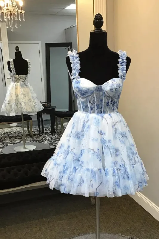 women's maternity dressesBlue Floral Printed Spaghetti Straps A-Line Short Corset Homecoming Dress women's maternity dressesBlue Floral Printed Spaghetti Straps A-Line Short Corset Homecoming Dress